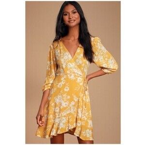 Lulu's Floral in This Together Mustard Yellow Floral Print Wrap Dress Size XS